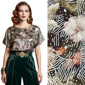 VTG 80s Art Deco Metallic Satin Floral Blouse Gold Green Shimmer Large